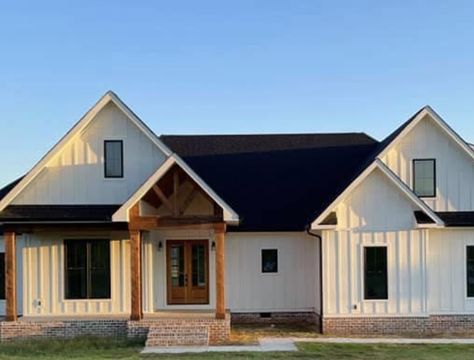 Board And Batten And Shake Siding, White Board And Batten Exterior Black Windows, Board And Batten Siding One Story House, Board And Batten Siding With White Windows, Vinyl Board And Batten Siding Exterior, Black And White Ranch House Exterior Board And Batten, White Board And Batten Exterior Ranch, White Board And Batten Exterior, Gable Window