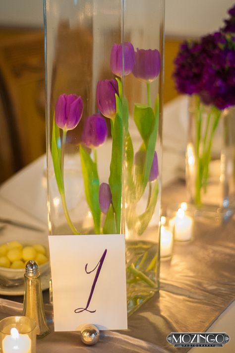 purple tulip reception wedding flowers,  wedding decor, wedding flower centerpiece, wedding flower arrangement, add pic source on comment and we will update it. www.myfloweraffair.com can create this beautiful wedding flower look. Tulip Decorations Wedding, Purple Tulip Centerpiece, Tulips Decoration Wedding, Tulip Wedding Theme Table Settings, Tulip Wedding Theme, Dinner Table Centerpiece Ideas, Tulip Decorations, Amazing Wedding Centerpieces, Wedding Flowers Purple