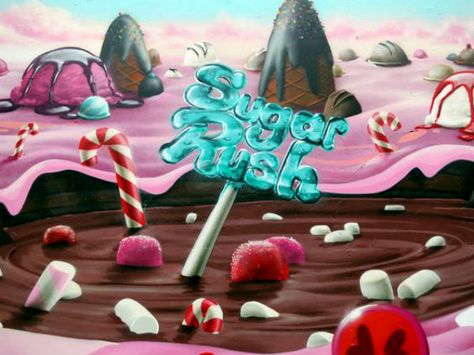 by: Mad C (Sugar Rush wall) Sugar Rush Aesthetic, Rush Aesthetic, Candy Landscape, Jawbreaker Candy, Rush Poster, Video Mood, Procreate Ipad Art, Surrealism Art, Urban Street Art