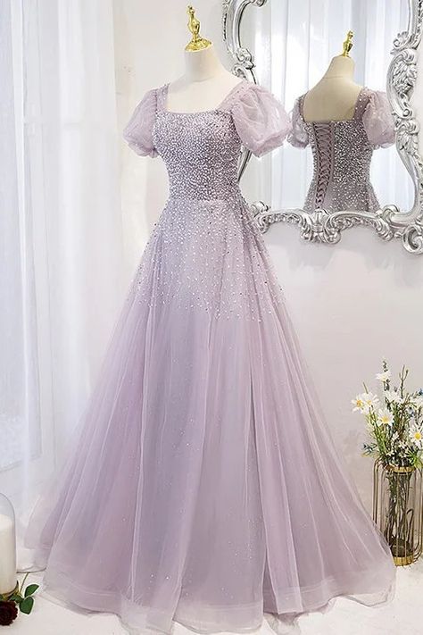 Short Sleeves Prom Dress, Lilac Formal Dress, Short Sleeve Prom Dresses, Sleeve Prom Dress, डिजाइनर कपड़े, Long Formal Dress, Banquet Dresses, Evening Dress Floor Length, Beaded Tulle