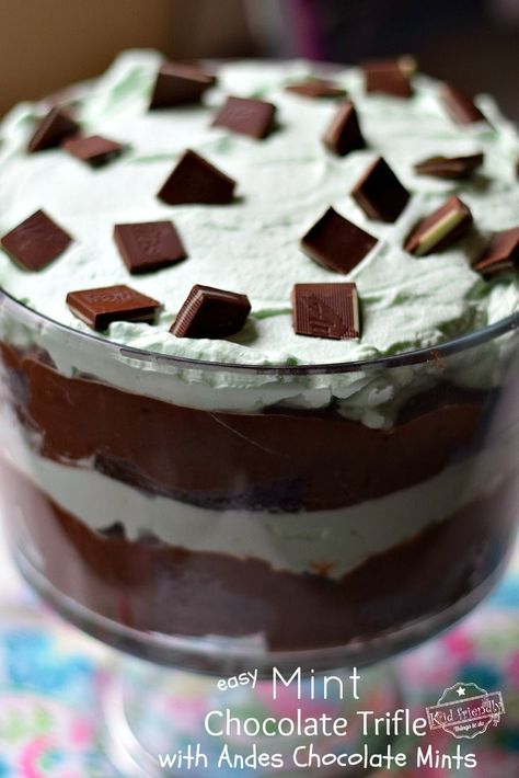 This Irish Cream Mint Chocolate Trifle is a delicious combination of Irish Cream soaked cake, mint whipped cream, pudding, & Andes chocolate mints. Perfect for holiday desserts like St Patrick's Day or feeding a crowd. www.kidfriendlythingstodo.com #irishcreamminttrifle #grasshoppertrifle Layered Recipes, Trifle Chocolate, Soaked Cake, Andes Chocolate, Pudding Trifle, Chocolate Mints, Trifle Bowl Recipes, Trifle Dessert Recipes, Andes Mint Chocolate