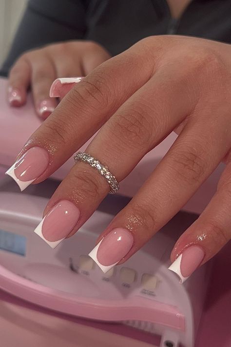 French Nails Acrylic Short Square, Acrylic Overlay Nails Natural French, Fat Finger Nail Shape, Short Acrylic Nails French Tip White, Short Simple Nail Sets, Short Simple Acrylic Nails Classy, Basic Nails Ideas, Tapered Square Nail Designs, Short Square French Tip