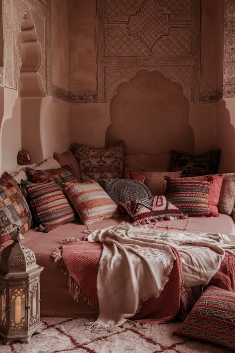 Looking for a unique bedroom aesthetic? Moroccan-inspired decor with warm tones, detailed wall designs, and cozy accents is perfect for a home refresh that stands out. #MoroccanBedroom #CozyNook #BohoChicDecor #BedroomRefresh #HomeDecorIdeas Middle Eastern Room Aesthetic, Persian Bedroom Aesthetic, Arabic Bedroom, Persian Bedroom, Aesthetic 2025, Moroccan Inspired Decor, Detailed Wall, Moroccan Interior Design, Home Refresh