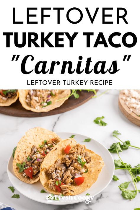 Completely change up your leftover turkey game with these delicious carnitas inspired, Leftover turkey tacos! Easy, gluten-free and so delish! Recipe via @thefreshcooky #turkeytacos #leftoverturkeyrecipe #leftoverturkey Turkey Carnitas, Tasty Tacos Recipe, Turkey Tacos Recipes, Tacos Easy, Carnitas Tacos, Turkey Taco, Shredded Turkey, Thanksgiving Turkey Leftovers, Turkey Tacos