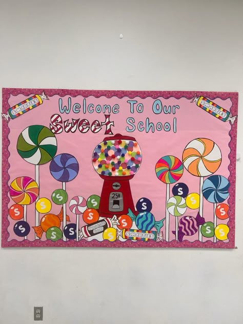 Gumball Bulletin Board, Candy Land Theme School Decor, Candy Land Bulletin Board Ideas, Candy Themed Bulletin Boards, Candyland Classroom Decorations, Candy Land Classroom Door, Candy Door Decorations Classroom, Candy Door Decorations, Candy Land Poster