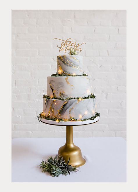 Gold Leaf Accented Marble Wedding Cake with Fairy Lights ~ pretty awesome cake by Nutmeg Cake Design Wedding Cake Marble, Marble Wedding Cake, Bridal Cake Topper, White And Gold Wedding, Marble Wedding, Traditional Cakes, Engagement Cakes, Unique Wedding Cakes, Gold Wedding Cake