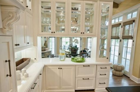 28 Kitchen Cabinet Ideas With Glass Doors For A Sparkling Modern Home--this could be a way to save the cabinet space between office and kitchen Glass Fronted Kitchen Cabinets, Glass Front Kitchen Cabinets, Glass Kitchen Cabinet, Kitchen Pass, Cabinetry Kitchen, Glass Kitchen Cabinet Doors, Glass Kitchen Cabinets, Kitchen Set Cabinet, Beautiful Kitchen Cabinets