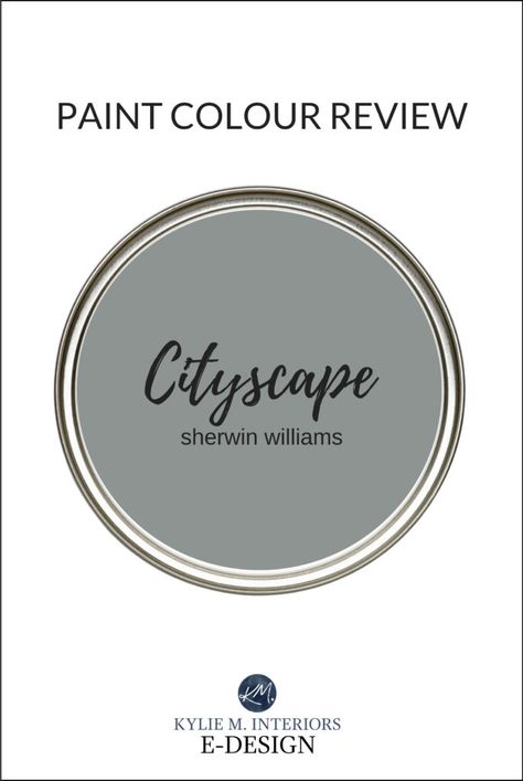 If you're looking for a darker gray or charcoal paint colour, I've got a beauty! Sherwin Williams Cityscape is a grey with a bit more body and undertone than the average and a few other interesting tips you should know!  #kylieminteriors #bestpaintcolours #kyliemedesign #edesign #cityscape #sherwinwilliams #colourconsultant #colourexpert #grey #gray #charcoal #featurewall #kitchenisland #bathroomvanity #paintedcabinets Sherwin Williams Cityscape, Popular Grey Paint Colors, Perfect Grey Paint Color, Perfect Grey Paint, Kylie M Interiors, Best Gray Paint, Best Gray Paint Color, Light Grey Paint Colors, Top Paint Colors