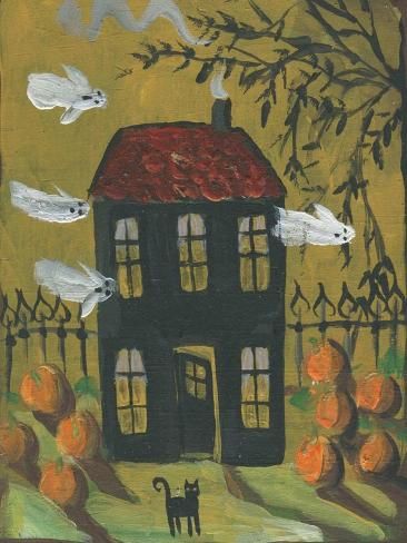 size: 12x9in Art Print: Haunted House Ghosts Halloween by sylvia pimental : Haunted House Craft, Salem Halloween, Flying Ghost, Ghosts Halloween, Creepy Houses, Halloween Folk Art, Halloween Haunted House, Halloween Crafts Decorations, Horror Posters