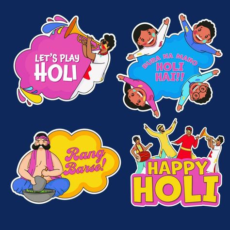 Sticker Style Holi Festival Quotes Collection With People Enjoying Against Blue Background. Holi Festival Quotes, Quotes In Blue, Baby Birthday Invitation Card, Holi Gift, Holi Poster, Festival Quotes, Holi Party, Holi Images, Baby Birthday Invitations