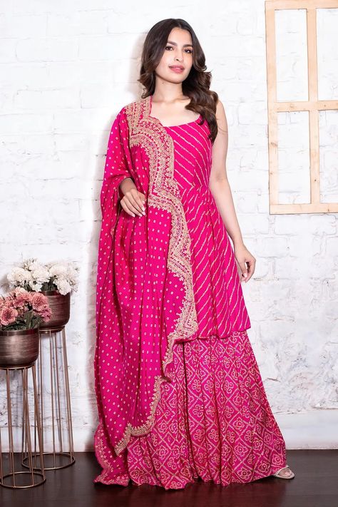 Shrara Grara Design Silk, Bandhej Cord Set, Bandhej Anarkali Suits, Shrara Grara Design, Bandhej Dress Designs, Cotton Gharara Designs, Bandhej Kurti Designs, Bandhej Suits Design, Bandhani Dress Pattern