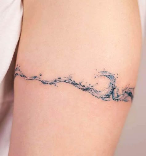 Different Small Tattoos, Wave Tattoo Bicep, Waves Tattoo Women, Water Tattoo Wrap Around, Blue Wave Tattoo Small, Ocean Band Tattoo Women, Wave Around Arm Tattoo, Ocean Wave Band Tattoo, Waves Bracelet Tattoo