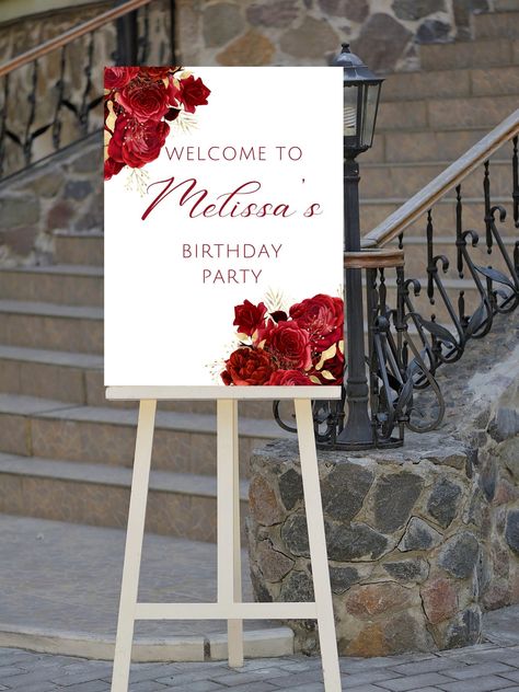 Editable red and gold birthday welcome sign, perfect for your next birthday party or birthday dinner. This floral welcome poster can be edited yourself using Canva. Print at home or take completed file to your local print shop and have them print. Print size is 18x24.  All the wording is editable. Details: red and gold birthday party welcome sign, floral design. Wording can be changed to accommodate all the great milestone birthdays such as 18th birthday 21st birthday, 30th birthday, 40th birthday, 50th birthday, 60th birthday and so on! HOW IT WORKS: ♥ Once purchased, you will receive a link that will take you to Canva.com where you will be able to edit the template. You will be able to edit wording, font, and font size,  Save your template and download. You can use these downloads to pri Red Rose Birthday Party Decorations, Red Rose Themed Birthday Party Decorations, Red 21st Birthday Party Ideas, Red Rose Birthday Theme, Red White And Gold Party Decorations, Red And Gold Birthday Party Decoration, Red Birthday Party Decorations For Women, Red And White Birthday Party Decorations, Burgundy Birthday Party Ideas