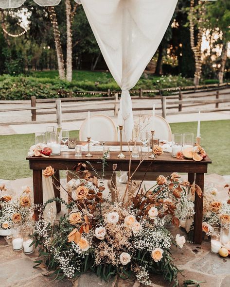 Table Decor With Fruit, Rustic Sweetheart Table, Sweetheart Table Flowers, Brides Table, Bride Groom Table, Rusting Wedding, Sweetheart Table Decor, Fall Barn Wedding, Reception Bride