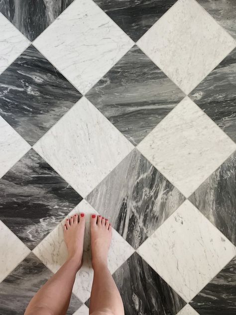 All the Details on Our Marble Checkerboard Floors | We're the Whites Checked Bathroom, Checkered Bathroom Floor, Checkerboard Bathroom, Checkered Bathroom, Checkerboard Floors, Checkered Tile, Bathroom Upstairs, Bathroom Floor Tile, Floor Grout