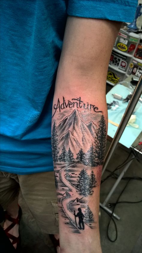 Scenic Tattoos Men, Tree And Mountain Tattoo Sleeve, Outdoorsman Memorial Tattoo, Moutain Tattoos Half Sleeve, Scenic Tattoo, Forest Moutain Tattoos, Moutain Tattoos, Outdoor Tattoo, Hiking Tattoo