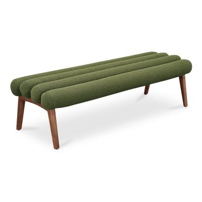 Inspired by the playful forms of the 70s, the Arlo bench is playful in form and muted in color, with walnut-toned legs giving a nod to mid-century modern. Comprised of a series of 5" diameter tubular forms, the bench's rounded ends provide a point of difference to more common plush channel detailing, while a textured boucle performance fabric finishes off the piece. Moe's Home Collection Upholstery Color: Green Moe's Home Collection ARLO BENCH PERFORMANCE FABRIC DARK - Benches in Green | Size 17 Fabric Finishes, Green Bench, Apartment Size Furniture, Upholstered Bench Seat, Mid Century Bench, Mid Century Modern Bench, Contemporary Bench, Toned Legs, Stylish Apartment