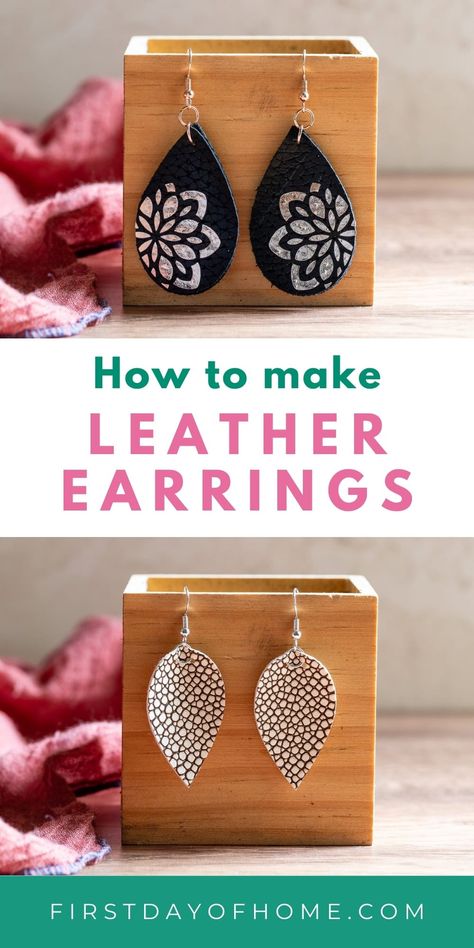 Learn how to make leather earrings with a Cricut machine in this step-by-step tutorial. Get tips on choosing the right material and blade for your machine. #cricut #earrings #jewelry #firstdayofhome Diy Faux Leather Earrings Cricut, Make Earrings With Cricut, Faux Leather Knot Earrings Diy, Trendy Faux Leather Earrings As Gift, How To Make Faux Leather Earrings Silhouette Cameo, Earrings With Cricut, Leather Engraved Earrings Cricut, Make Leather Earrings, Cricut Earrings