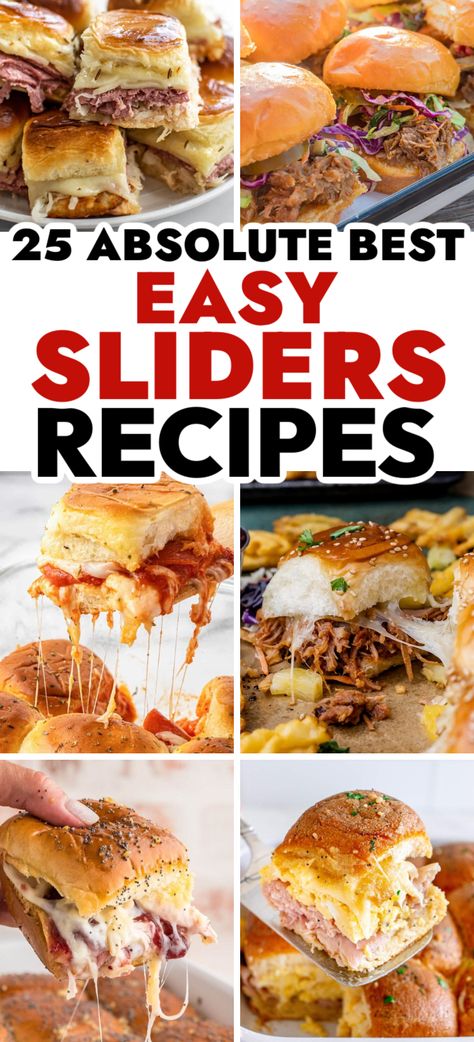 Easy Slider Recipes – These fluffy, flavorful and easy to make sliders are going to become your new favorite addition to any party, special occasion and whenever you want something comforting! Chicken sliders, pulled pork sliders, easy sliders, beef sliders, buffalo chicken sliders, cheese sliders, ham and cheese sliders. Slider Meals Dinners, Easy Food For Large Crowd, Sandwich Slider Recipes, Sliders For Lunch, Lunch Recipes For Party, Pioneer Woman Chicken Sliders, Garlic Butter Sliders, Slider Party Ideas, Cold Meat Sliders