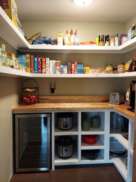 Walk In Pantry With Appliances, Pantry Beverage Fridge, Pantry With Mini Refrigerator, Walk In Pantry With Mini Fridge, Drink Fridge In Pantry, Small Pantry With Fridge, Pantry With Drink Fridge, Walk In Pantry With Microwave, Pantry With Mini Fridge