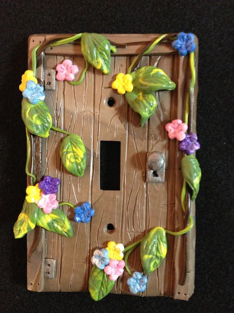 Polymer Clay Light Switch Plate Cover Clay Outlet Covers Diy, Clay Lightswitch Cover, Pottery Light Switch Covers, Polymer Clay Light Switch Cover, Light Switch Flowers, Light Switch Covers Diy, Faerie Door, Light Clay, Clay Fairies