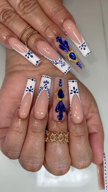 Blue Nails Mexican, Virgin Mary Charm Nails, Long Mexican Nails, Ranchera Nails, Fuerza Regida Concert Nails, Blue And White Mexican Nails, Clase Azul Tequila Nails, Tequila Inspired Nails, Don Julio Nails