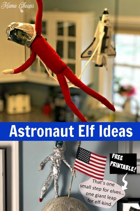 Man on the moon or a space walk? Check out these awesome elf ideas for turning your family elf on the shelf into a NASA astronaut! Our elf went for a space walk from the shuttle and also landed on the moon.  These super funny elf ideas are perfect for your favorite space fan. Get our tutorial and printables! #elfontheshelf #printables #christmas #elfideas #mamacheaps Elf On The Shelf I Love You To The Moon, Elf Astronaut Ideas, Astronaut Elf On The Shelf Ideas, Elf On The Shelf Astronaut, Elf On The Shelf Karate, Space Elf, Space Walk, Elf Funny, Astronaut Helmet