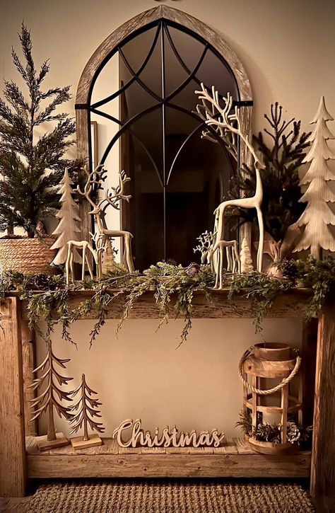 Christmas Entrance Decor, Christmas Entryway Table, French Country Cottage Christmas, Christmas Entrance, Black Reindeer, Christmas Entry, Christmas Side, French Country Christmas, Christmas Entryway