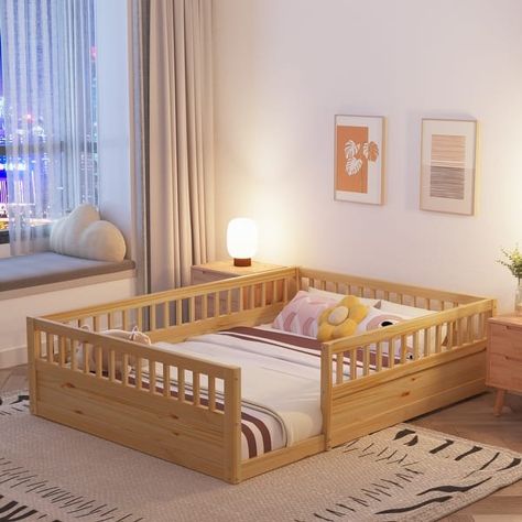 Full Floor Bed Frame with Fence, Wood Kids Floor Beds Frame for Bedroom Playroom - Bed Bath & Beyond - 40922186 Full Floor Bed, Floor Bed Toddler, Beds Frame, Twin Floor Bed, Kids Floor Bed, Floor Beds, Wood Playhouse, Toddler Bed Boy, Play Beds