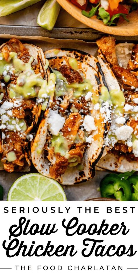 Chicken Tacos Slow Cooker, Best Chicken Tacos, Best Chicken Taco Recipe, Chicken Tacos Recipe, Healthy Taco, Slow Cooker Chicken Tacos, Recipe Slow Cooker, Shredded Chicken Tacos, The Food Charlatan