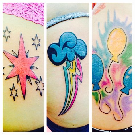 Twilight Sparkle, Rainbow Dash and Pinky Pie Cutie Mark Tattoo My Little Pony Tattoo Cutie Mark, Pinkie Pie Cutie Mark Tattoo, Pinkie Pie Tattoo, Cutie Mark Ideas, Ballon Tattoo, Cutie Mark Tattoo, Pony Tattoo, My Little Pony Tattoo, Best Tattoo Ever