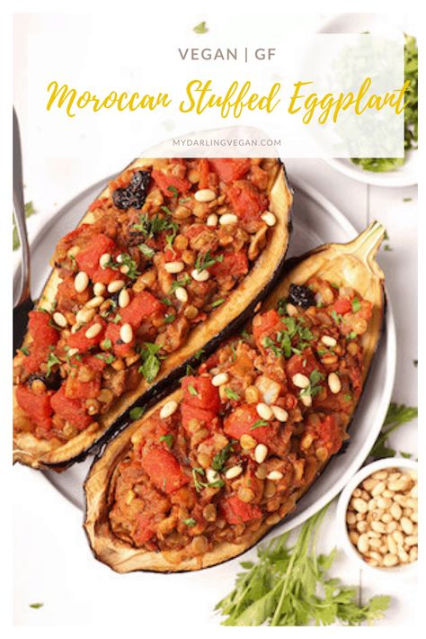 These Moroccan Stuffed Eggplant are bursting with flavor! Filled with lentils, tomatoes, and the perfect blend of spices, this is a vegan and gluten-free meal that elevates dinner to a whole new level. Stuffed Eggplant Recipes, Eggplant Lentil, Eggplant Side Dishes, Vegan Eggplant Recipes, Plant Based Recipes Breakfast, Stuffed Eggplant, Vegan And Gluten Free, Free Meal, Eggplant Recipes