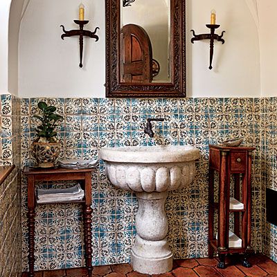 @coastalliving.com - Another perfect spanish bathroom Mediterranean Revival Style, Spanish Style Bathrooms, Spanish Bathroom, Mediterranean Revival, Spanish Decor, Mediterranean Home Decor, Spanish Style Home, Spanish Style Homes, Hacienda Style