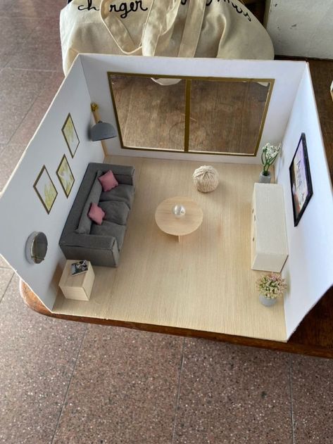 Cardboard House Interior, Maquette Architecture Ideas, House Maquette, Miniature Living Room, Tovad Ull, Interior Design Sketchbook, Barbie House Furniture, Home Designing, Room Box Miniatures