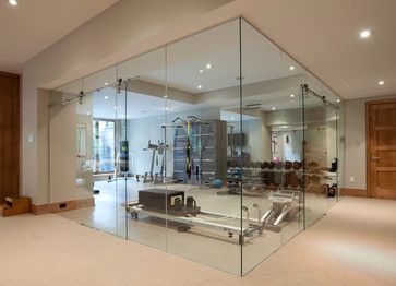 Glass Wall Home Fitness Room - contemporary - Home Gym - Toronto - JJ Home Products Inc Gym Decorating Ideas, Ruang Gym, Basement Home Gym, Basement Gym Ideas, Home Gym Basement, Gym Design Interior, Gym Mirrors, Basement Gym, Exercise Room