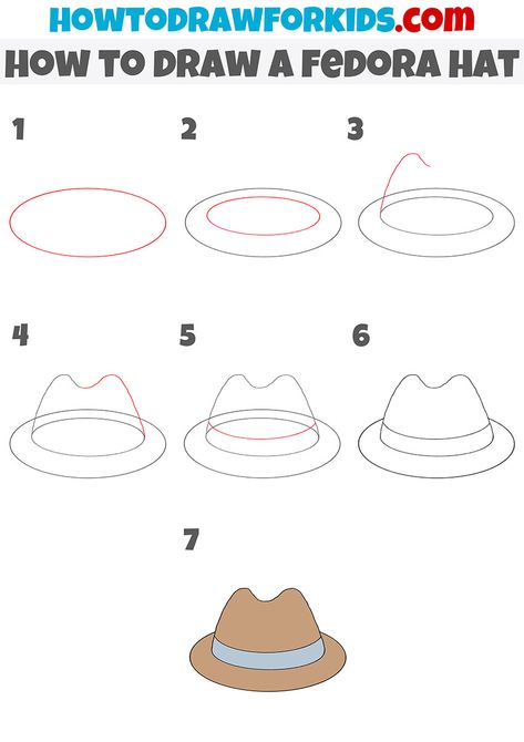 How To Draw Fedora Hat, Simple Hat Drawing, How To Draw A Hat On A Head, How To Draw A Hat, Fedora Drawing, Hat History, Directed Drawing Kindergarten, English Drawing, Drawing Hats