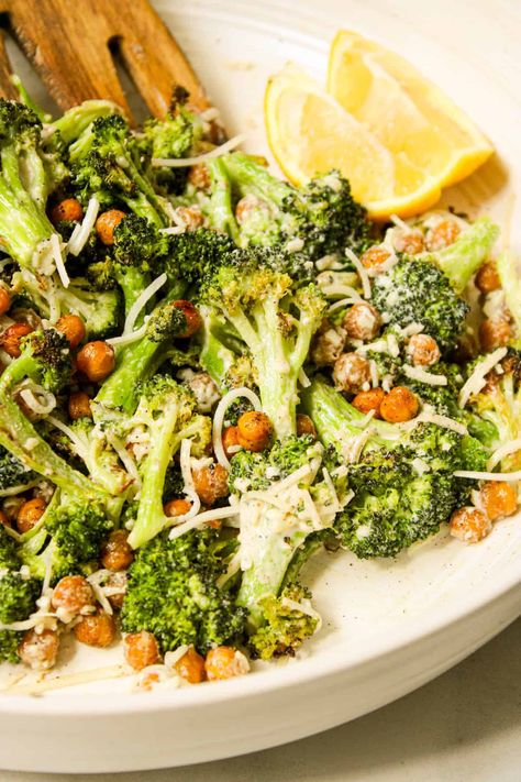 This Roasted Broccoli Salad with Tahini Caesar Dressing is a tasty and nutritious. Topped with Chickpea Croutons for plant-based protein. Broccoli Tahini, Broccoli Caesar Salad, Tahini Caesar Dressing, Salad Croutons, Roasted Broccoli Salad, Chickpea Croutons, Crouton Salad, Classic Caesar Salad, Vegan Roast