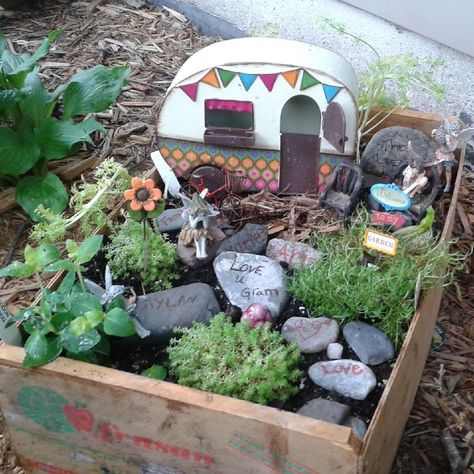 Fairy garden made with rocks collected and decorated by my kids last Leech camping trip... Garden Camping, Camping Ideas, Ideas Pictures, Fairy Gardens, Camping Trip, Camping Trips, Fairy Garden, Bird House, Creative Ideas