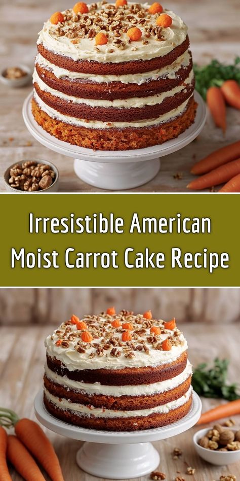 Looking for a dessert that will wow your guests? This Irresistible American Moist Carrot Cake is packed with flavor, topped with a velvety cream cheese frosting, and adorned with crunchy walnuts and vibrant carrot accents. It's the perfect treat for any occasion, from birthdays to potlucks! Get the full recipe and enjoy a slice of heaven today! Cake For 2 People, Moist Carrot Cake Recipe, Spiced Carrot Cake, Homemade Banana Pudding Recipe, Moist Carrot Cake, Carrot Spice Cake, Homemade Banana Pudding, Creamy Frosting, Moist Carrot Cakes