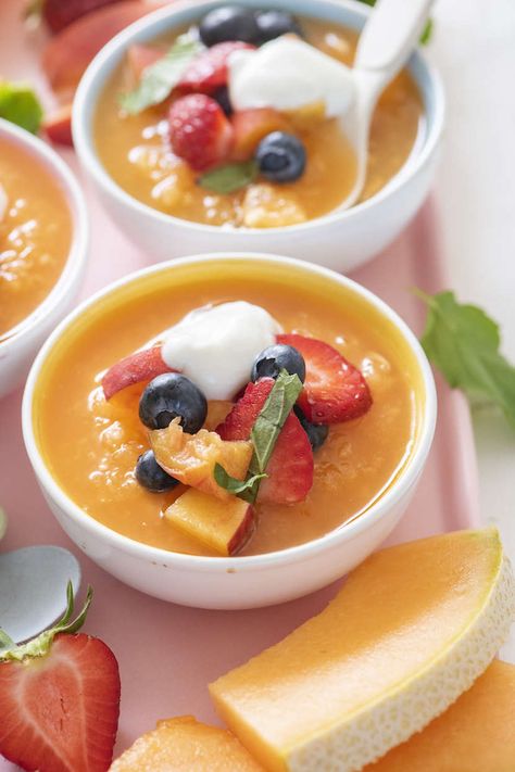 Summer Fruit Gazpacho | Weelicious Fruit Gazpacho, One Potato, Cold Soup Recipes, Fruit Soup, Gazpacho Recipe, Chilled Soup, Summer Soup, Watermelon Gazpacho, Cold Soup