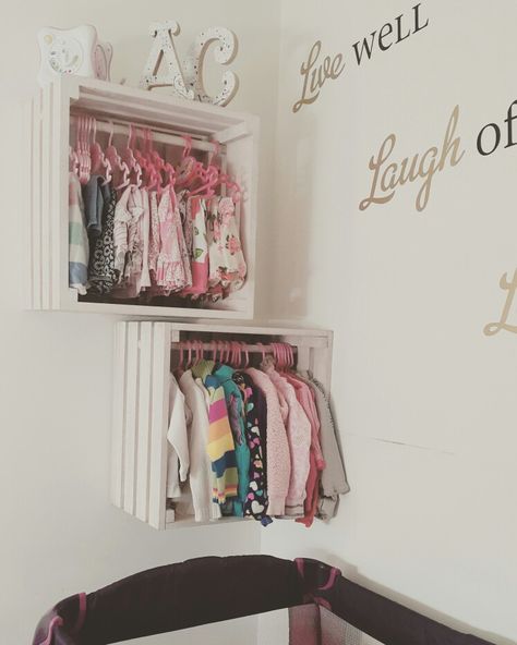 Tiny Nursery Storage, Nursery Clothing Rack, Luna Nursery, Doll Clothes Storage Ideas, Diy Clothes Storage, Tiny Nursery, Baby Hunter, Nursery Nook, Western Nursery