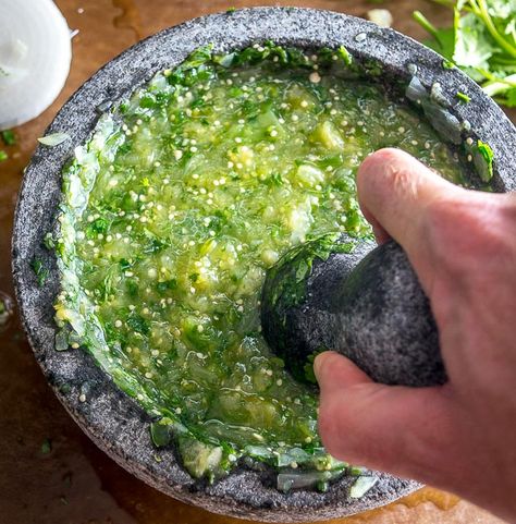 Salsa Verde Molcajete Style | Mexican Please Molcajete Salsa Recipe, Mocajete Recipe, Molcajete Recipe, Authentic Salsa Verde Recipe, Authentic Mexican Salsa Recipe, Authentic Salsa, Tomatillo Recipes, Authentic Mexican Salsa, Tomatillo Salsa Recipe