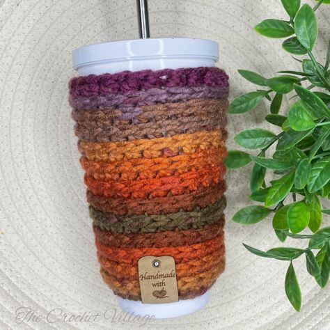 Crochet Coffee Cozy Free Pattern Cup Holders, Free Crochet Cup Cozy Pattern, Crochet Mug Cozy Free Pattern, Crochet Cup Cozy Free Pattern, Free Crochet Cup Cozy, Knit Coffee Cozy Pattern, Crochet Village, Christmas Cup Cozy, Crochet Koozie