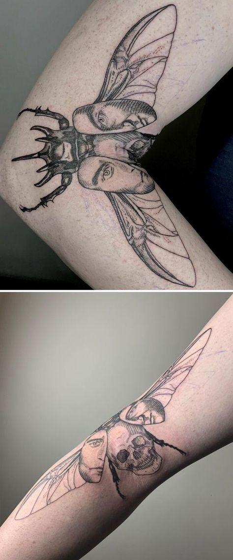 Metamorphosis Moving Tattoos Knee, Beetle Knee Bend Tattoo, Beetle Tattoo Side Of Knee, Moving Tattoo Ideas Elbow, Teenage Tattoos, Transforming Tattoos, Moving Tattoos, Laughs Quotes, Moving Tattoo Ideas