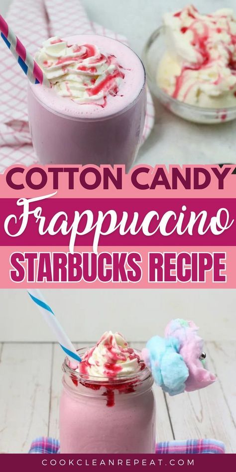 Cotton Candy Frappuccino Starbucks, Easy Starbucks Drinks At Home, Cotton Candy Frappe, Starbucks Copycat Recipes Drinks, Starbucks Copycat Recipes, Cotton Candy Frappuccino, Homemade Cotton Candy, Cotton Candy Drinks, Copycat Starbucks Drinks