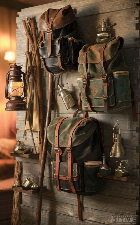 A vintage-themed gear room with an old-fashioned backpacking gear wall and retro outdoor equipment. Gear Wall, Adventure Essentials, Gear Room, Storage Idea, Backpacking Gear, Backpack Storage, Backpacking, Vintage Inspired, Backpacks