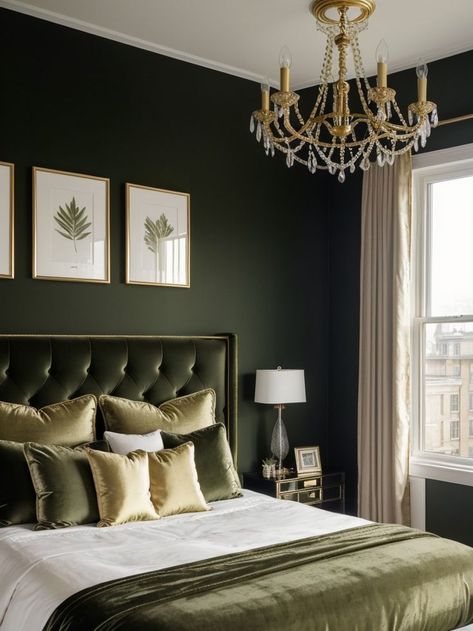 Bedroom Inspirations Sage Green, Olive Green Accent Wall, Sage Green Design, Olive Living Rooms, Bright Bedrooms, Olive Bedroom, Olive Green Bedrooms, Green And White Bedroom, Black Gold Bedroom