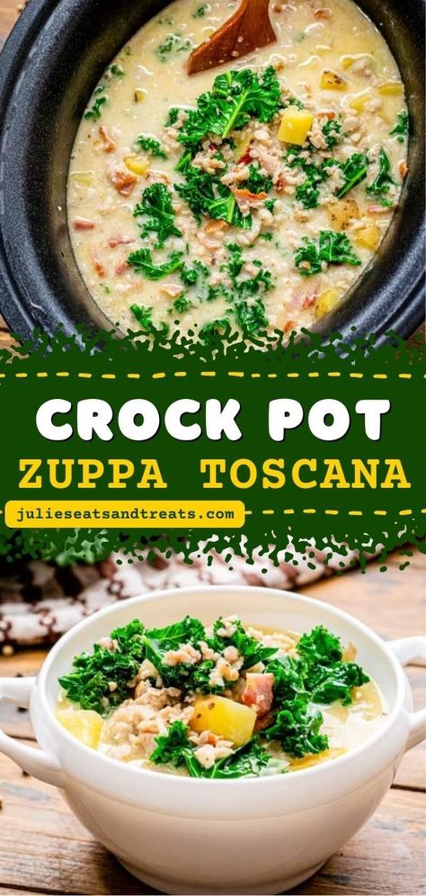 This Zuppa Toscana is a delicious crockpot meal that's creamy and loaded with sausage, potatoes, and kale! This Olive Garden copycat is also a great weeknight dinner recipe for the family. Pin this slow cooker recipe! Spicy Sausage Soup, Crockpot Zuppa Toscana, Crockpot Sausage And Potatoes, Potatoes And Kale, Sausage Potato Soup, Olive Garden Copycat, Zuppa Toscana Soup, Crockpot Meal, Crock Pot Potatoes