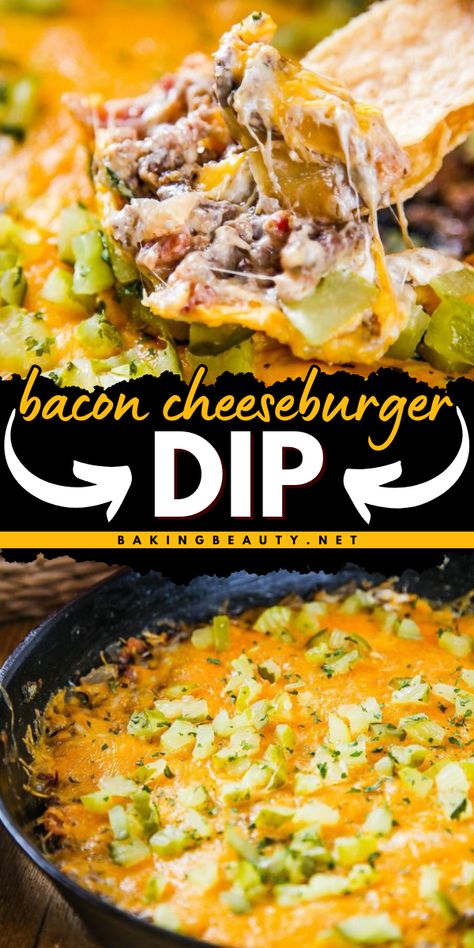 Get the party started with this Bacon Cheeseburger Dip recipe! An easy appetizer for a party that combines creamy cheese, crispy bacon, and savory ground beef for a flavor-packed dip that's perfect for any gathering. Pin this to your simple dip appetizers now! Cheese Burger Dip Crockpot, Hamburger Appetizers, Cheese Burger Dip, Ground Beef Appetizers, Hamburger Cheese Dips, Cheeseburger Dip Recipe, Rv Snacks, Hamburger Dip, Bacon Cheeseburger Dip