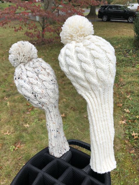 Ravelry: Cabled Aran Golf Headcovers by Kristina K. Miller Headcovers Golf, Child Hat Knitting Pattern, Knit Golf Club Covers, Golf Club Headcovers, Golf Headcovers, Golf Diy, Driver Covers, Golf Club Head Covers, Golf Club Covers